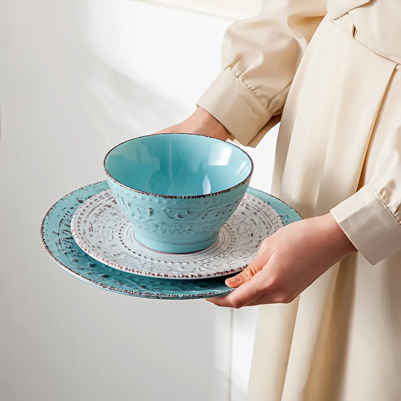 [Gifts Weddings Anniversaries] 16pcs Dinnerware Set Service for 4, Blue & Coffee Color Stoneware Set, Bowls Set, Dishes Set, Including Dinner Plates, Dessert Plates, Salad Bowls And Mugs. Chip & Scratch Resistant. Dishwasher & Microwave Safe. Gifts for We
