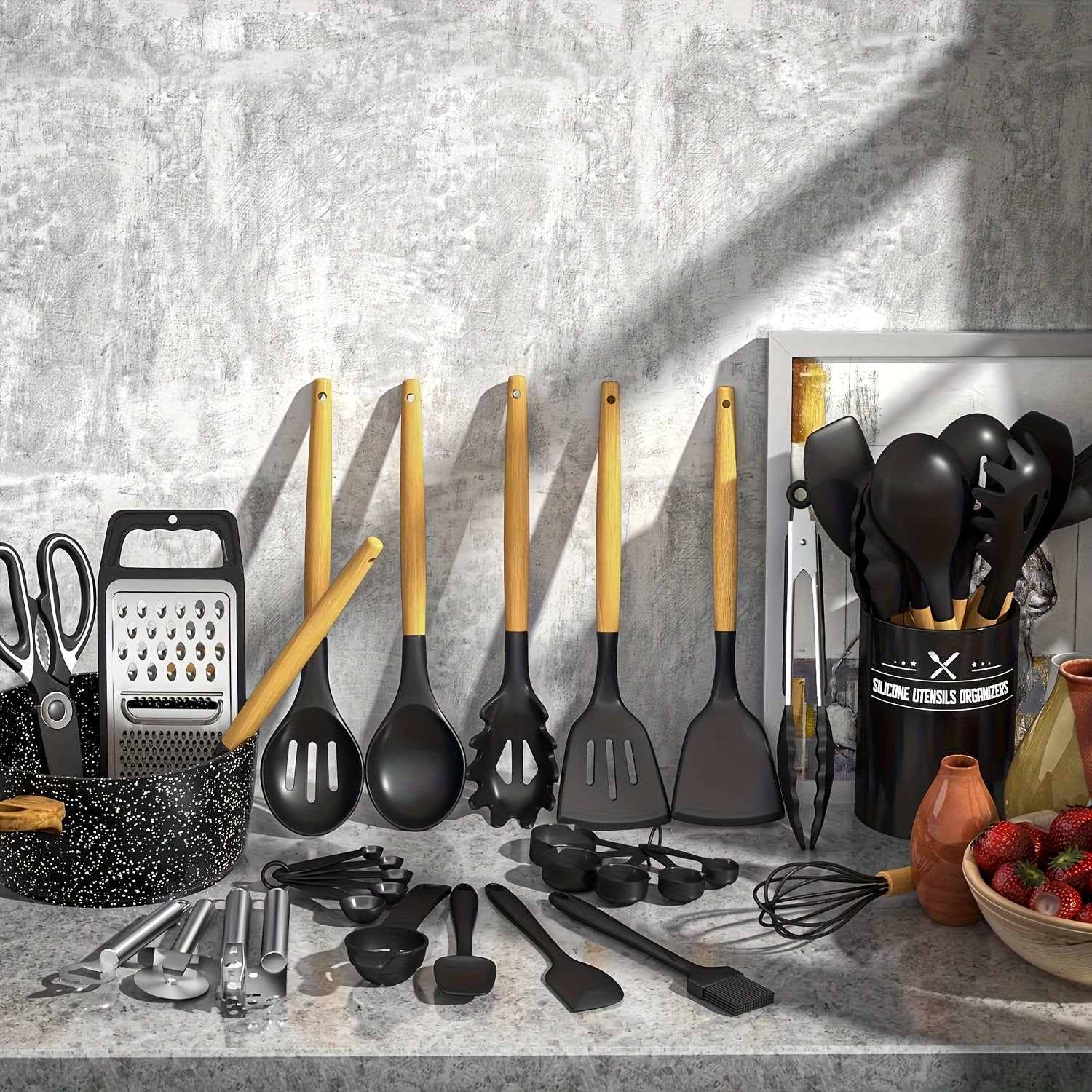 Kitchen Utensils Set-45pcs Silicone Cooking Utensils Set for Nonstick Cookware-Silicone Spatulas Set, Stainless Steel Handle-Black Kitchen Gadgets Tools, Pots And Pans Accessories