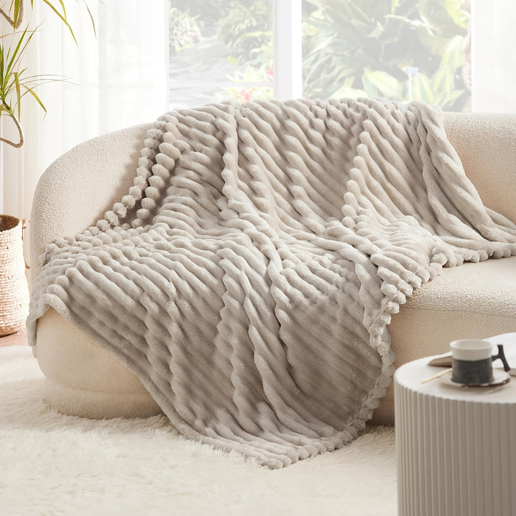 Versatile Cozy Home Textile Accent – comfortable everyday home styling, Luxurious Double-Sided Faux Rabbit Fur Throw Blanket - Cozy Striped Flannel Soft And Warm, designed for American homes, daily convenience and practical gifting