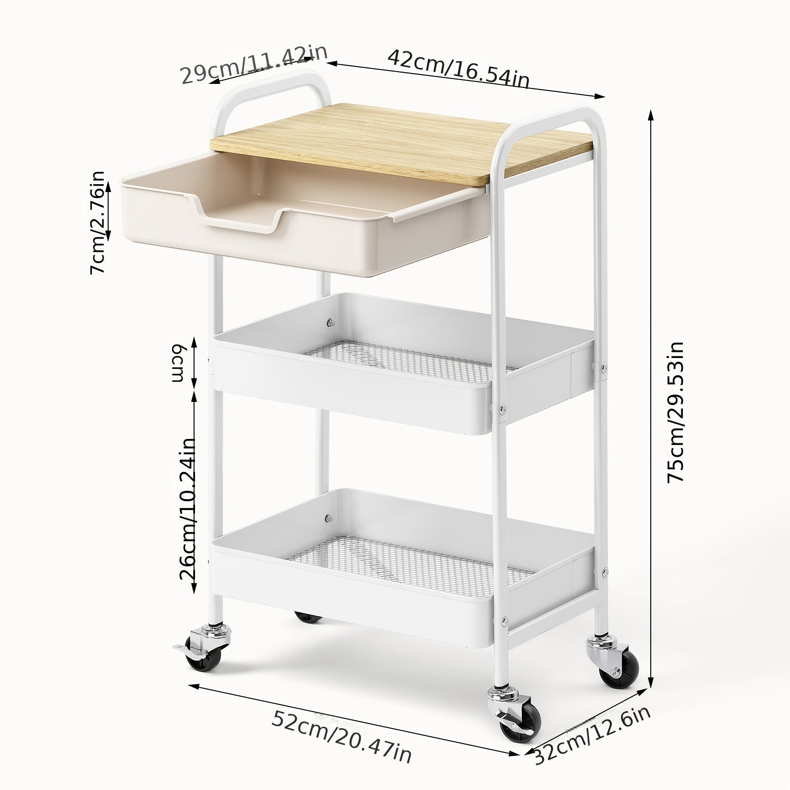 3-Tier Metal Utility Rolling Cart Featuring a Drawer And Table Top, a White Storage Trolley for Kitchen Organization, Suitable for Office, Classroom, Home, And Bedroom with Lockable Wheels