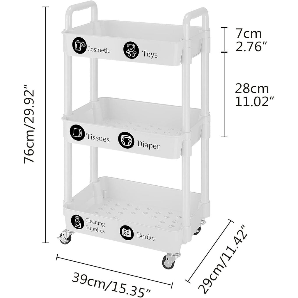 2pcs Rolling Cart with Wheels and Handle,Rolling Storage Cart for Office, Living Room, Laundry Room,Kitchen,Bathroom, Black White