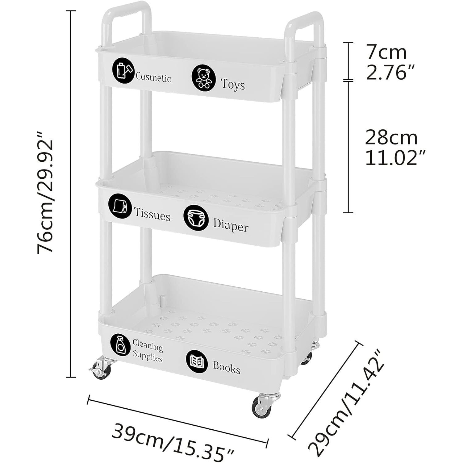 2pcs Rolling Cart with Wheels and Handle,Rolling Storage Cart for Office, Living Room, Laundry Room,Kitchen,Bathroom, Black White