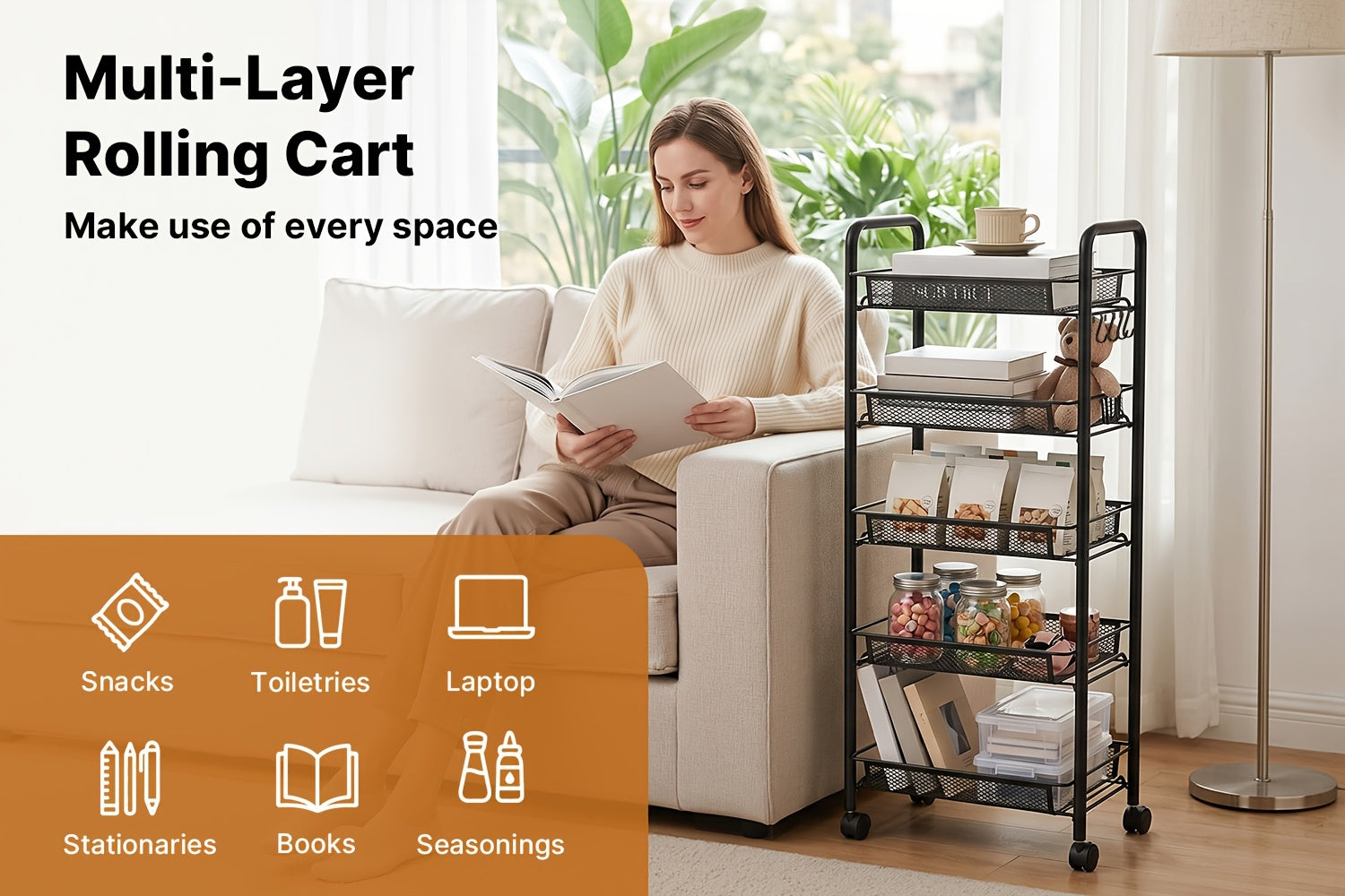 Versatile Adjustable Home Storage Rack – durable multi-purpose storage, Carbon Steel 5-Tier Rolling Storage Cart - Multi-Functional Easy to Use with Hooks Removable, designed for American homes, daily convenience and practical gifting