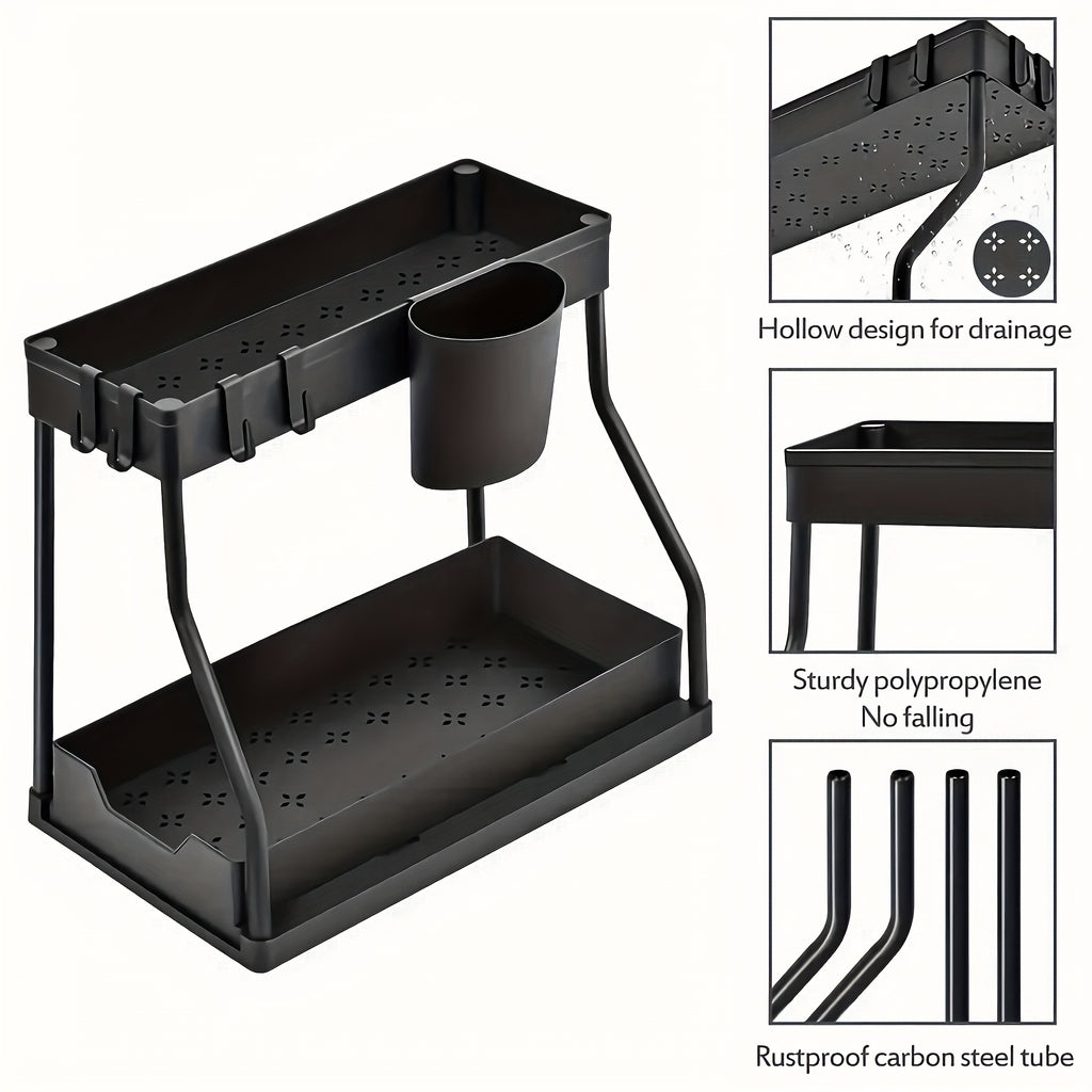 2pcs Under-Sink Organizer with Sliding Shelves, Multi-Functional Black Plastic Storage Baskets for Bathroom And Kitchen Cabinets, Durable Metal Structure, Bathroom Organizer Rack