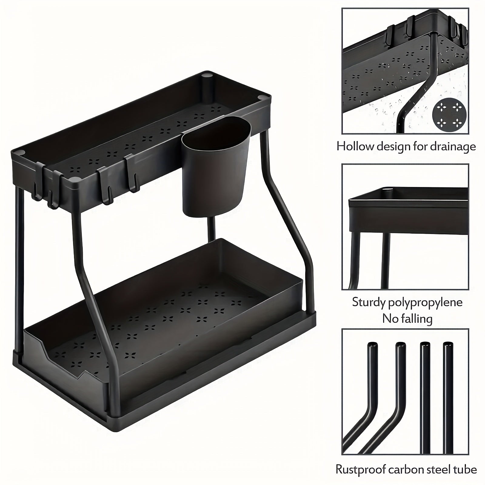 2pcs Under-Sink Organizer with Sliding Shelves, Multi-Functional Black Plastic Storage Baskets for Bathroom And Kitchen Cabinets, Durable Metal Structure, Bathroom Organizer Rack