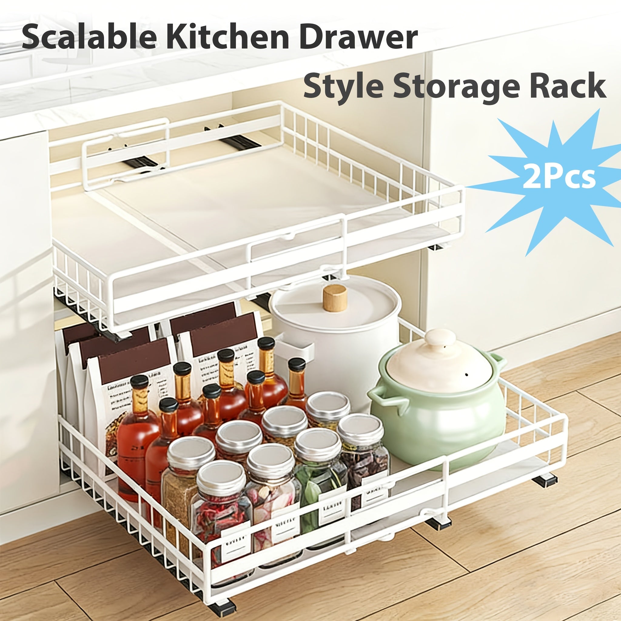 Premium 1/2pcs Stackable Storage Drawer – smooth-access cabinet organization, 1 2pcs Retractable Kitchen Drawer Style Storage Rack with Silent Slide Rail Adjustable Width, designed for American homes, daily convenience and practical gifting
