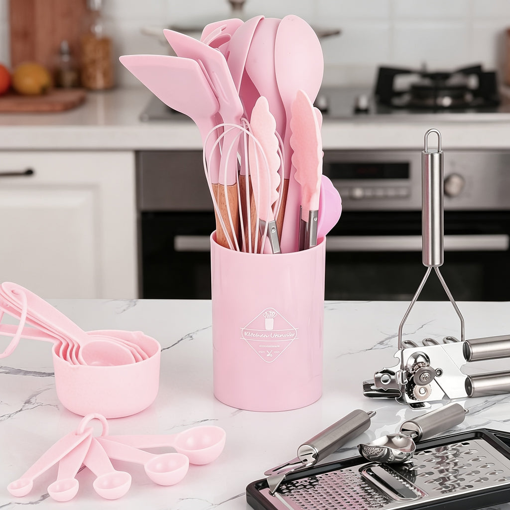 Kitchen Essential – 44pcs Silicone Kitchen Utensil Set with Holder, Nonstick Cooking Utensils, Wooden Handle Kitchen Tools, Spatula Turner Spoon Tongs Whisk Measuring Cups, Kitchen Accessori