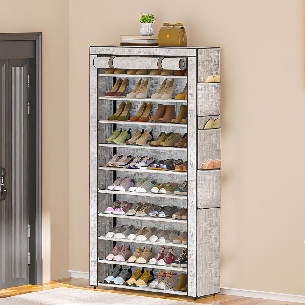 10 Tiers Large Shoe Rack With Covers, Stackable Tall Shoe Rack Organizer With 6 Side Pockets, Shoe Shelf Holds 50-55Pairs Sturdy Metal Shoe Rack Storage Organizer Cabinet, Shoe Racks Organizer For Closet Garage, Home Decor, Halloween And Christmas