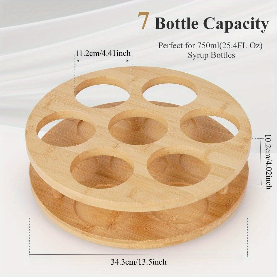 7 - Bottle 360 degree Rotating Storage Rack - Multi - Purpose Wooden Organizer for Kitchen Spices - Water Cups, Space-Saving Display Stand with Smooth Rotation,Tidy Desktop & Countertop Decor