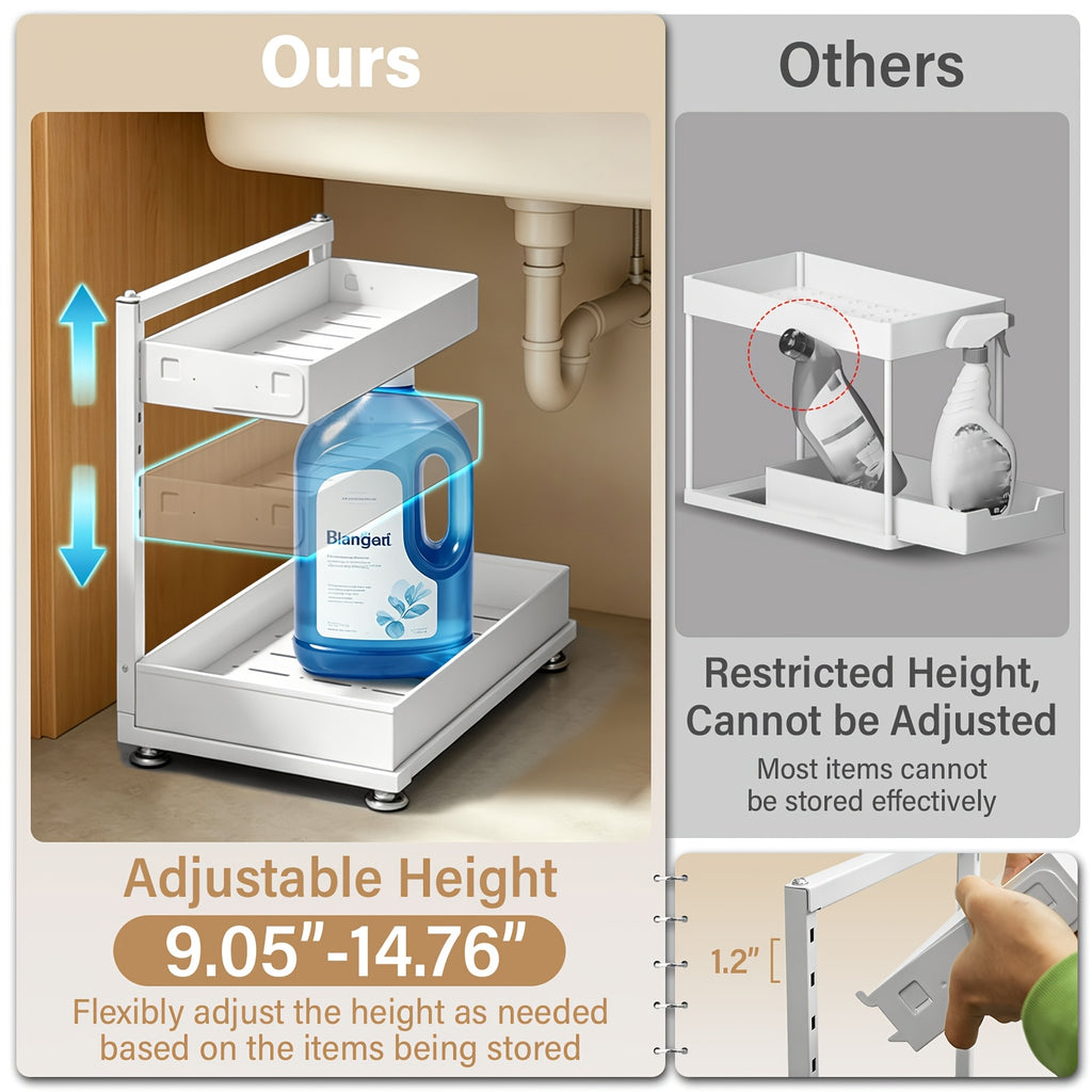 2-Pack Under Sink Organizer, 2-Tier Pull-Out Storage Rack, Adjustable Metal Cabinet Organizer for Kitchen Bathroom Pantry