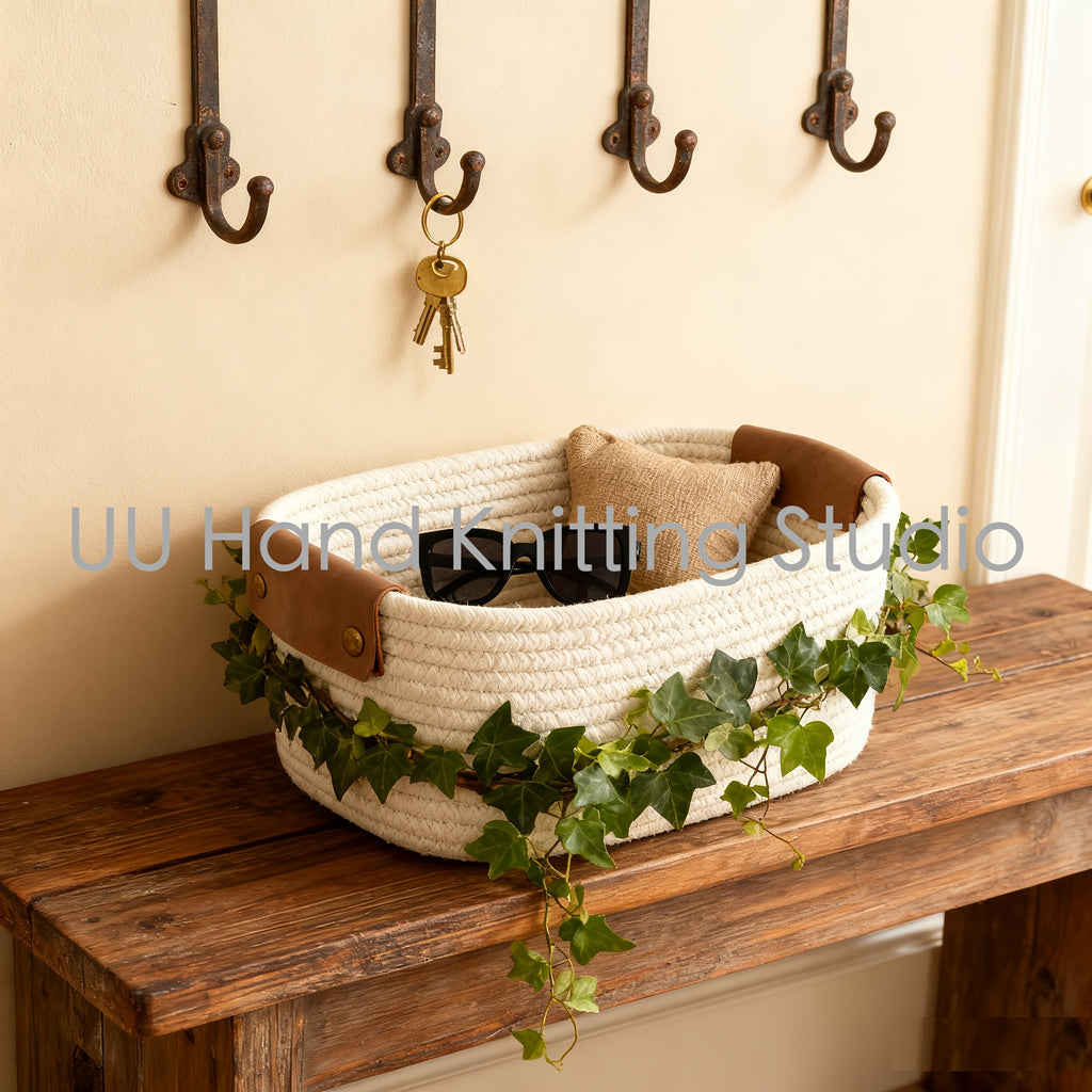 Compact Stackable Home Storage Bins – portable space-saving storage, Rectangle Woven Baskets for Storage Handwoven Cotton Rope Storage Basket with Leather Handles -, designed for American homes, daily convenience and practical gifting