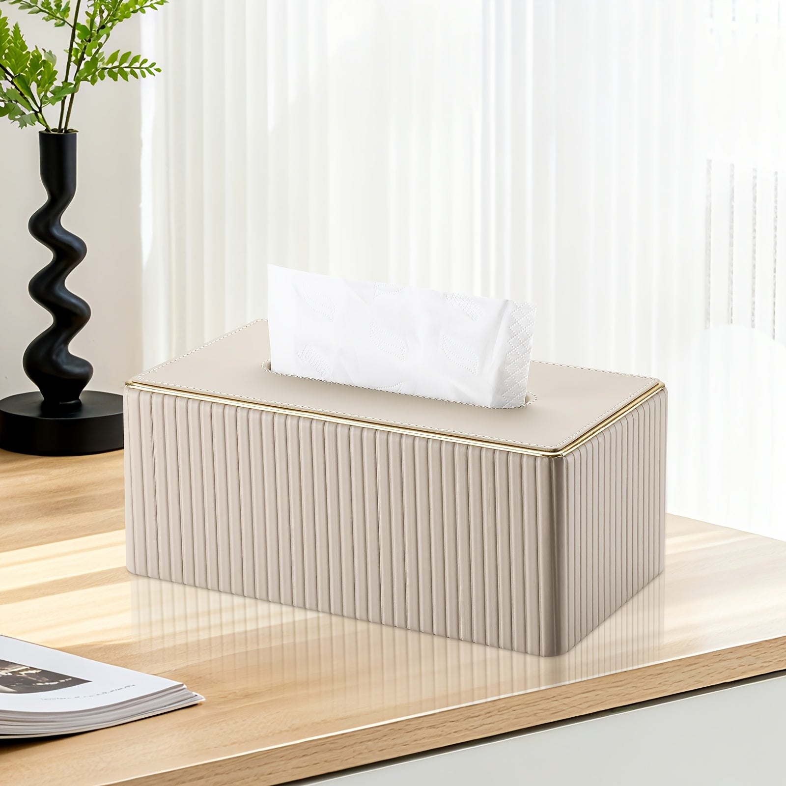 Smart Stackable Home Storage Bins – portable space-saving storage, Cream White Vertical Striped Faux Leather Tissue Box With Golden Trim Desktop Napkin Dispenser, designed for American homes, daily convenience and practical gifting