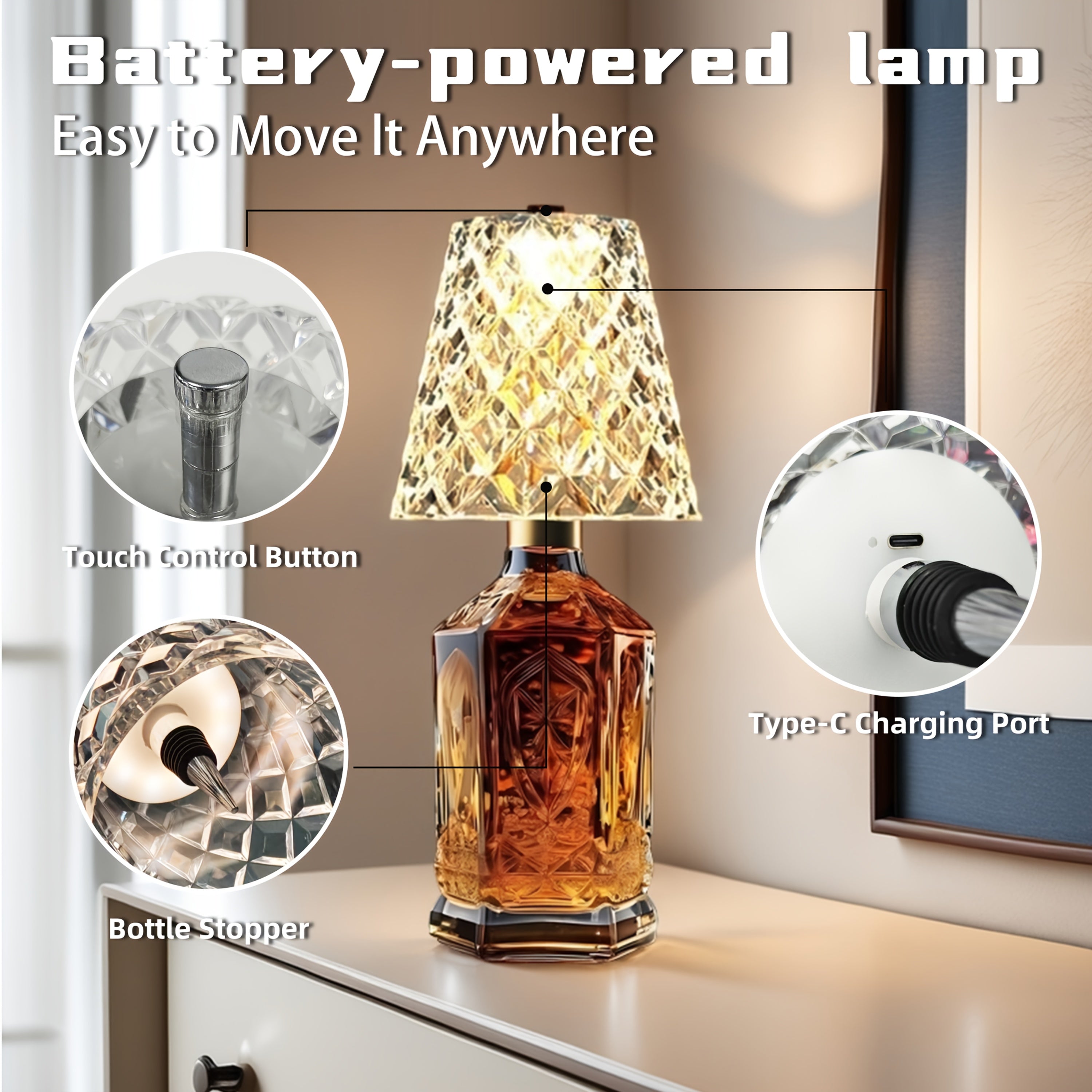 Ambient Home Decor – Crystal Clear Bottle Light, Table Lamp, Rechargeable LED Wine Lamp, Acrylic Lampshade, 2000Mah, 3 Colors, Bottle Lamp for Modern US Homes, relaxing room atmosphere, Vers