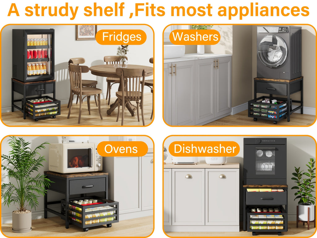 Heavy Duty Appliance Storage Shelf with Sliding Shelf & Drawer - Suitable for Fridge, Washer, Dishwasher | 19.69inch Height Shelf with 88lb Basket & Smooth Glide Drawers | 360° Swivel Wheels, Wood for Laundry Room & Kitchen, Utility Racks