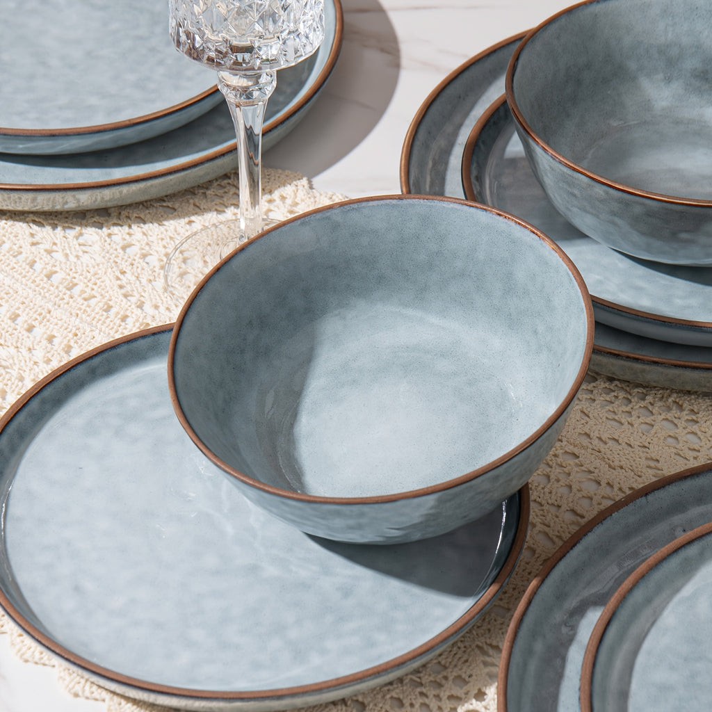 Heavy-Duty 12pcs Decorative Home Lighting – warm functional room lighting, ALOFMO 12pcs Light Grayish Blue Reactive Glaze Ceramic Dinnerware Set High-Quality Water Wave Stoneware, designed for American homes, daily convenience and practical gifting