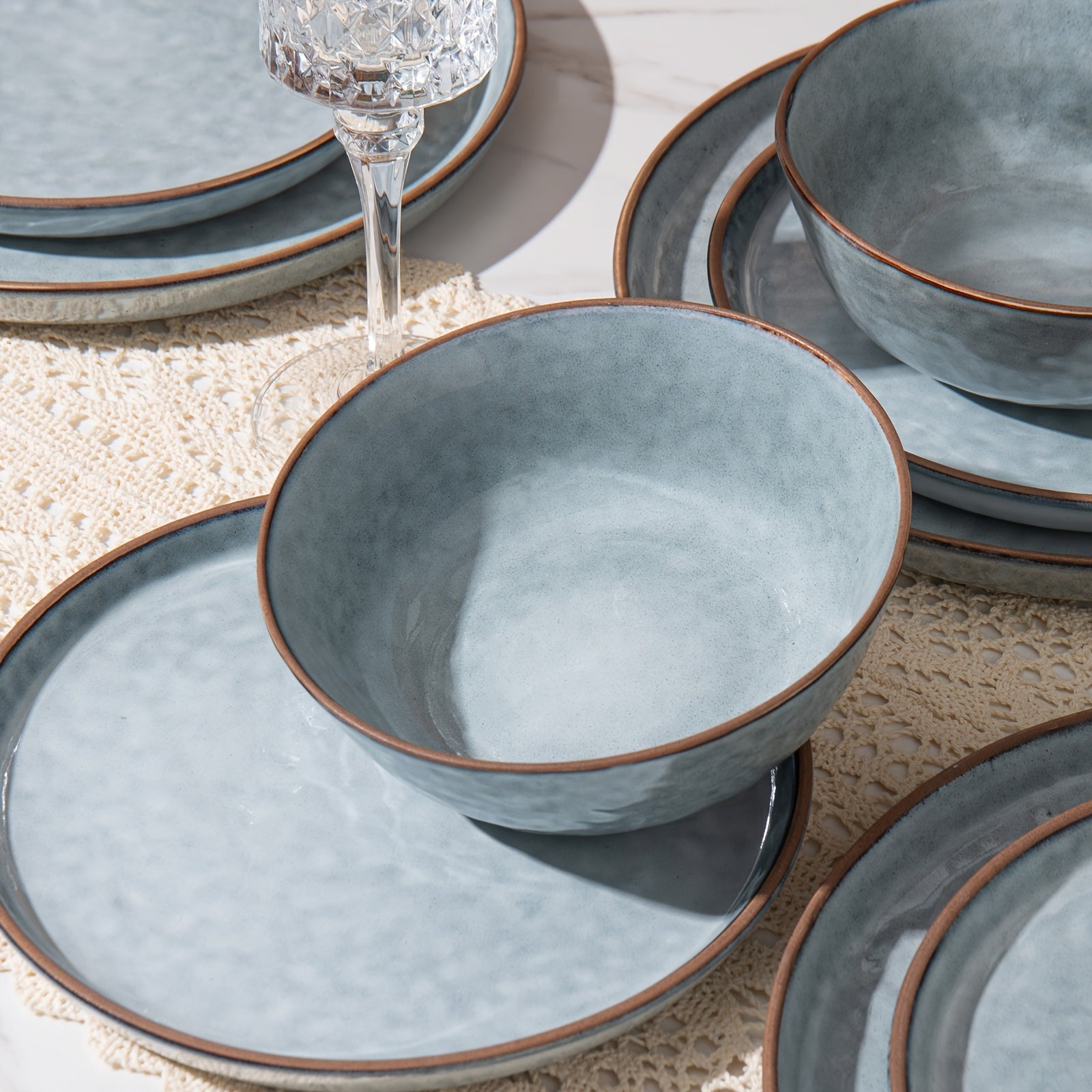 Heavy-Duty 12pcs Decorative Home Lighting – warm functional room lighting, ALOFMO 12pcs Light Grayish Blue Reactive Glaze Ceramic Dinnerware Set High-Quality Water Wave Stoneware, designed for American homes, daily convenience and practical gifting