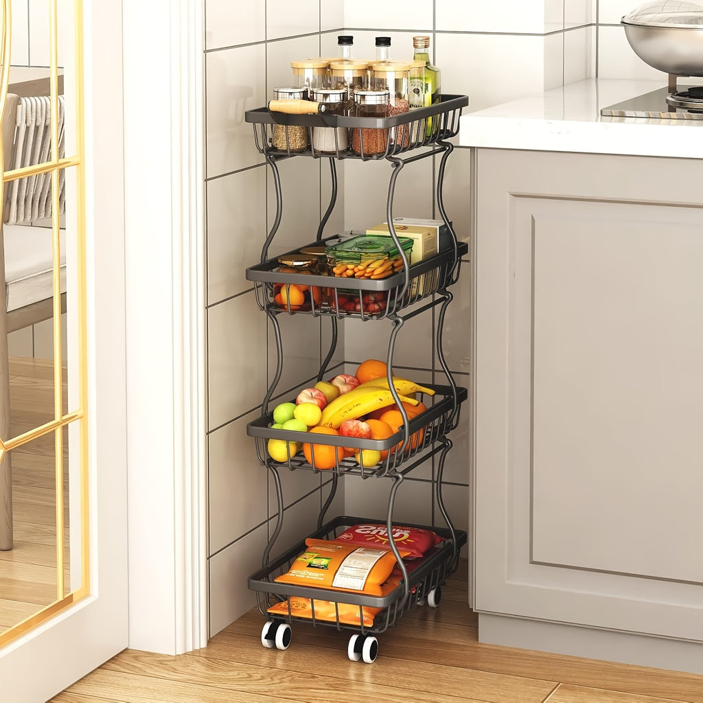 4/5 Layer Fruit And Vegetable Basket, Stackable Metal Storage Cart (with Wheels), Rotating Storage Rack, Narrow Gap Cart, Corner Rack, Open Shelf | Suitable For Kitchen, Pantry, Bathroom, Floor Standing Food Storage Machine