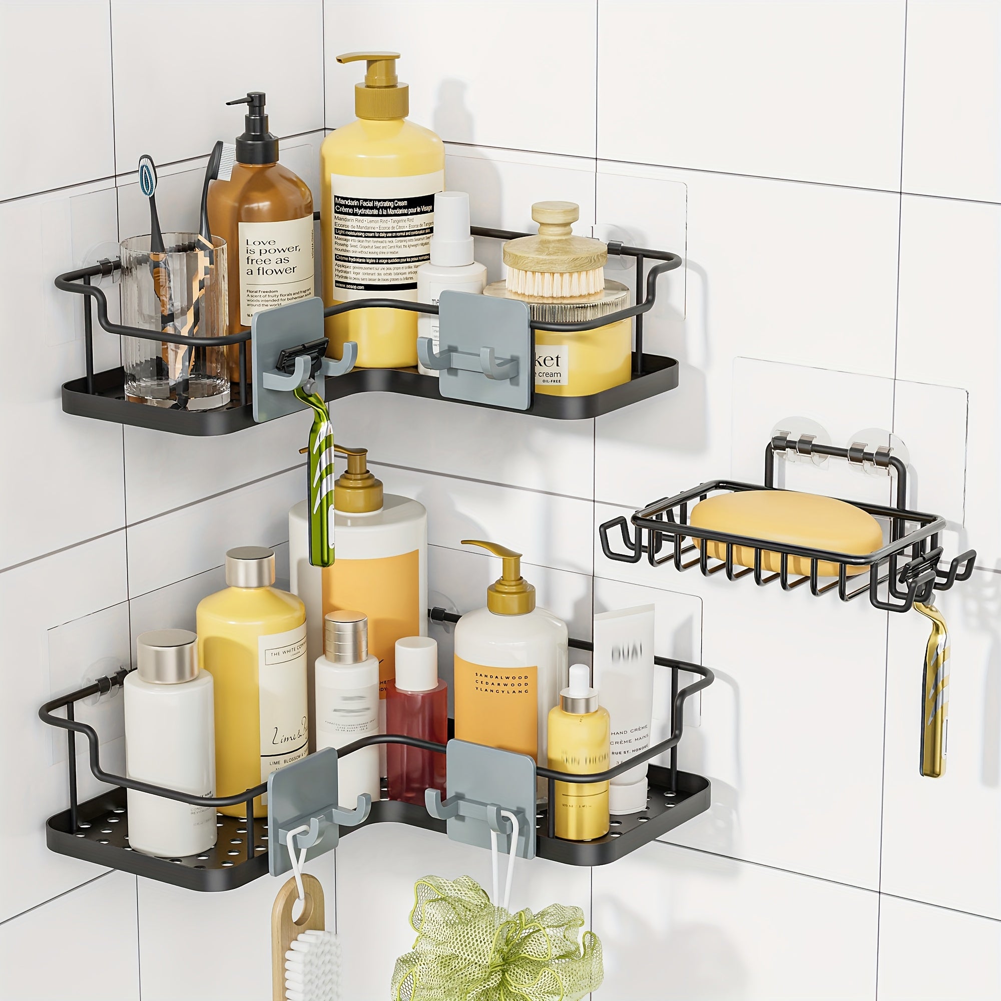 2/3pcs Stainless Steel No Punching Bathroom Shelf, Large Capacity Bathroom Kitchen Sundries Storage Rack, Bathroom Soap Razor Storage Rack, Room Bedroom Wall-Mounted Sundries Storage Rack, with Four Hook Design, Bathroom Additions, Shelves