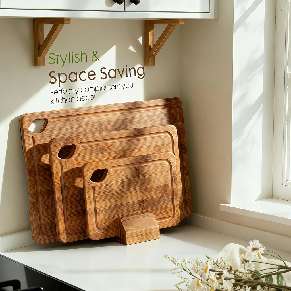 Deep Carbonized Bamboo Cutting Board Set with Wooden Rack - Double-Sided Suitable for Kitchen, Suitable for Cooked & Food, Oil Drainage Groove & System, Ergonomic Handle, Bamboo Board and Storage Shelf Gift for