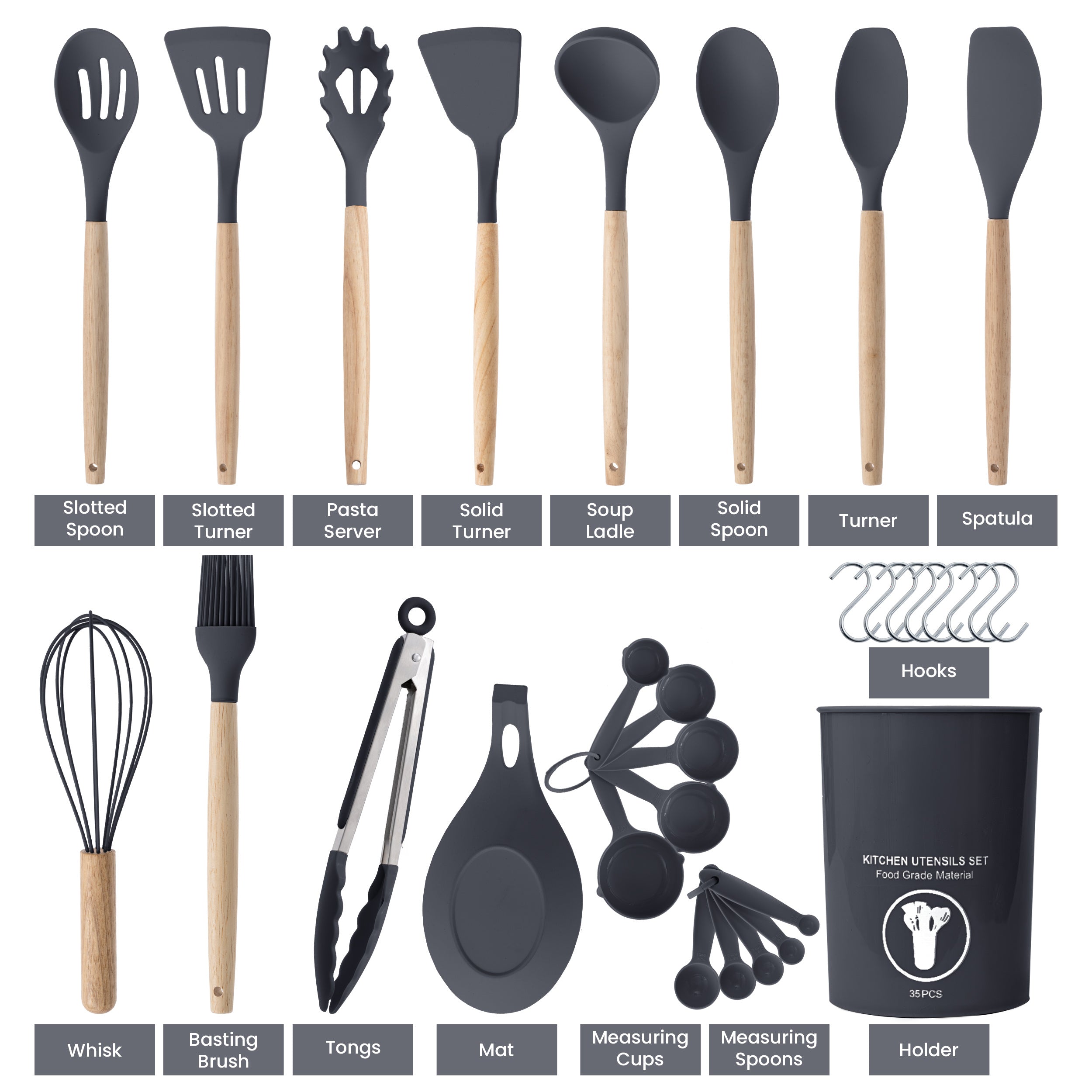 Kitchen Essential – 35 Piece Kitchen Utensils Set with Holder - Heat Resistant Wooden Handle - Silicone Non-Stick Cooking Spatula, Kitchen Essentials Tools and Gadgets for Modern US Homes, e