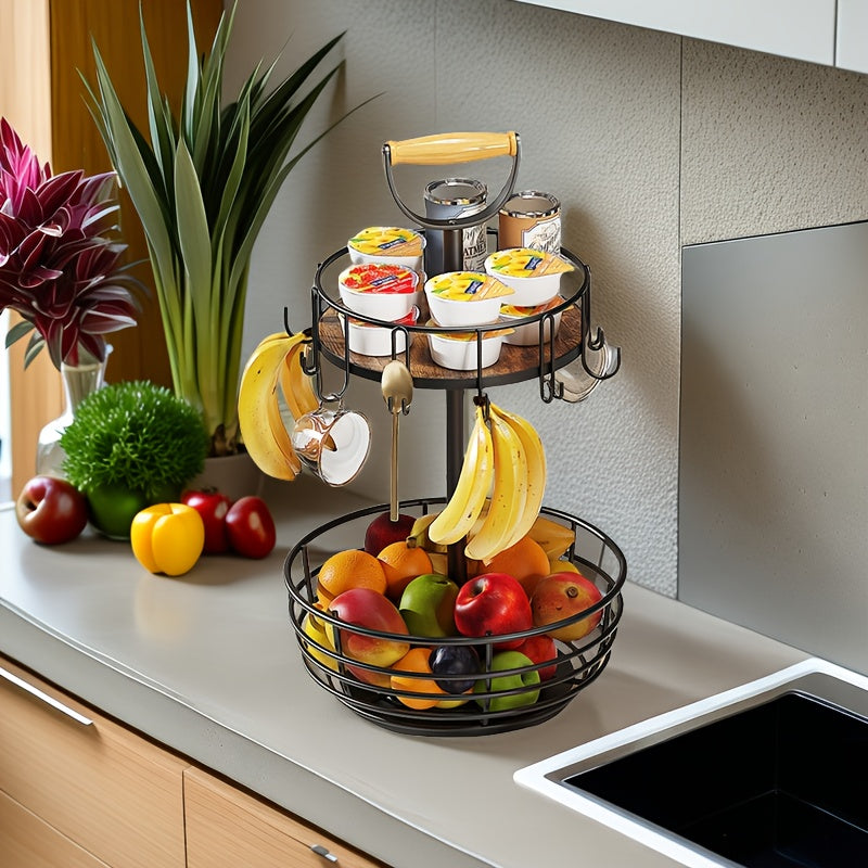 Double-layer Rotatable Coffee Metal Cup Rack, Spice Rack, Fruit Basket Rack with Hooks, Suitable for Bar Counters, Kitchen Countertops - Black.