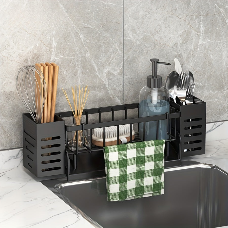 1pc Gray/Black Sink Caddy Sponge Holder for Kitchen Sink, Stainless Steel Rustproof, Bathroom Storage Basket, Kitchen Sink Caddy with Brush Holders, Chopstick Container, Kitchen Sink Organizer Dish Sponge Organizer with Dish Towel Rod