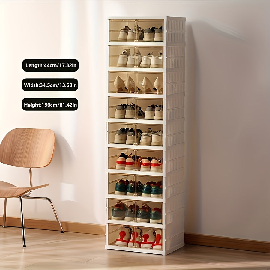 1pc/2pcs Heavy-Duty Collapsible 9-Tier Shoe Cabinet Organizer - Clear Plastic Foldable Stackable Shoe Rack with Shelves, Space-Saving Narrow Storage for Hallway, Apartment, Small Spaces - No Assembly Required (Shelves & Doors)