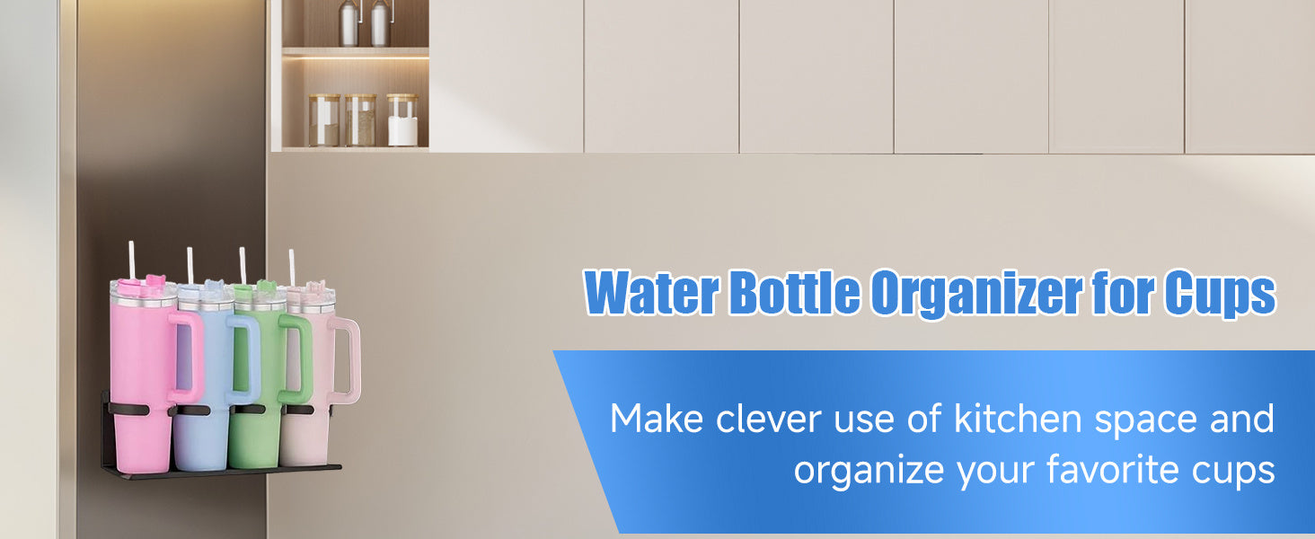 Kitchen Essential – 4-Pack Magnetic Cup Holder for Refrigerator, Magnetic Tumbler Lid Organizer for 20Oz 30Oz 40Oz Cups, Water Bottle Holder Rack with 7 Hooks for Kitchen Fridge Cabinets (Bl