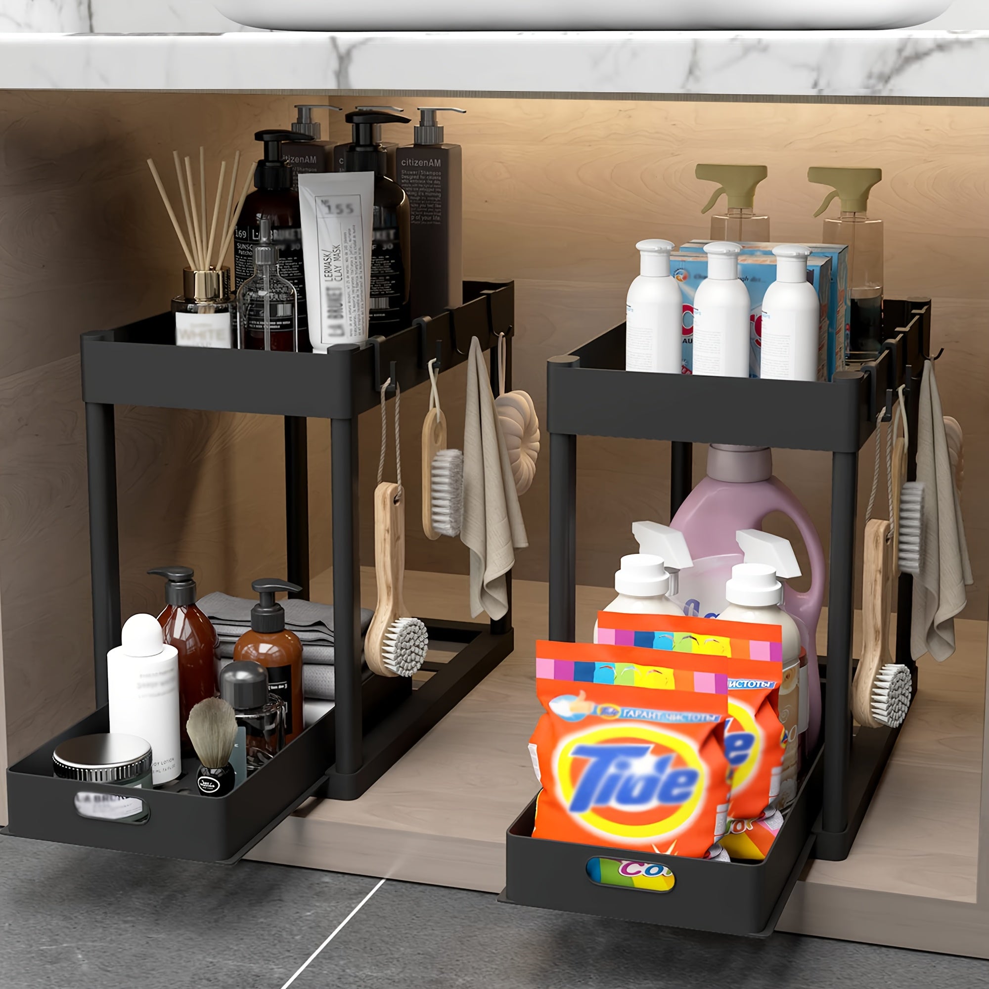 Kitchen Essential – 2pcs Under-Sink Storage Rack For Kitchen, Kitchen Cabinet Organizer, Double Sliding Cabinet Basket Storage Drawer, Kitchen Accessories, Kitchen Storage Rack And Cabinet,