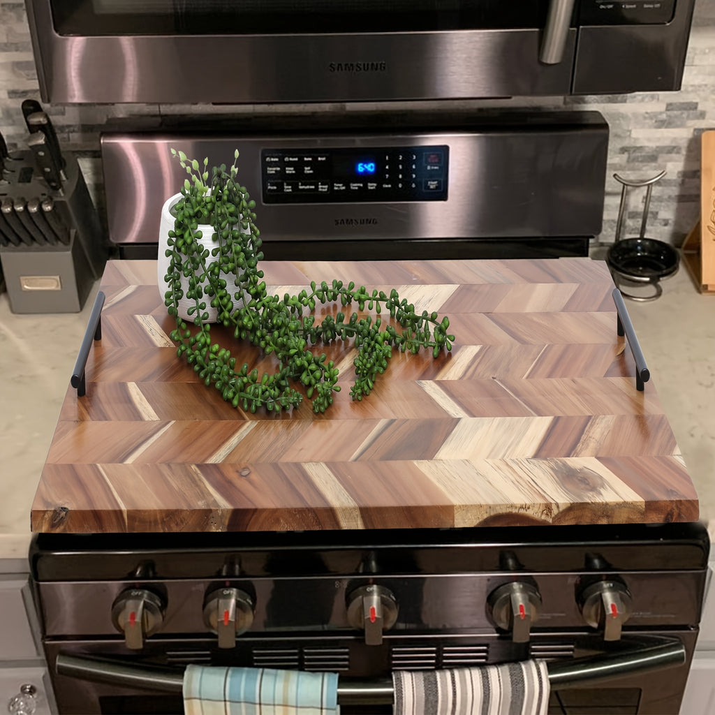 Acacia Wood Serving Tray Stovetop Cover with Handles - Stylish Kitchen Sink Protector for Gas and Electric Stoves, Polished Finish, Counter Space Saver, Durable and Easy to Clean, Stove Top Protectors