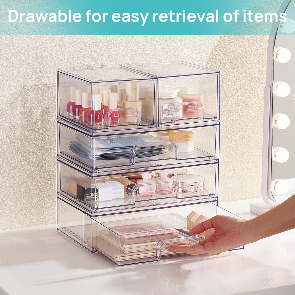 3/5/Pack Stackable Storage Drawers, Clear Plastic Organizer Bins for Makeup, Cosmetics, Beauty Supplies, Ideal for Vanity, Bathroom, Cabinet, Pantry Organization, Storage Drawer Units