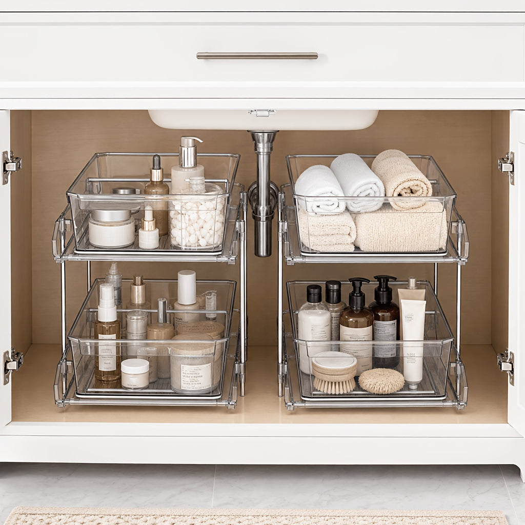 1/2pcs Large-Capacity Double-Layer Transparent Pull-Out Storage Multi-Purpose Slide-Out Storage Container Space-Saving Design Durable Plastic Shelves Bathroom Vanity Storage Sink Cabinet Storage Kitchen Organization