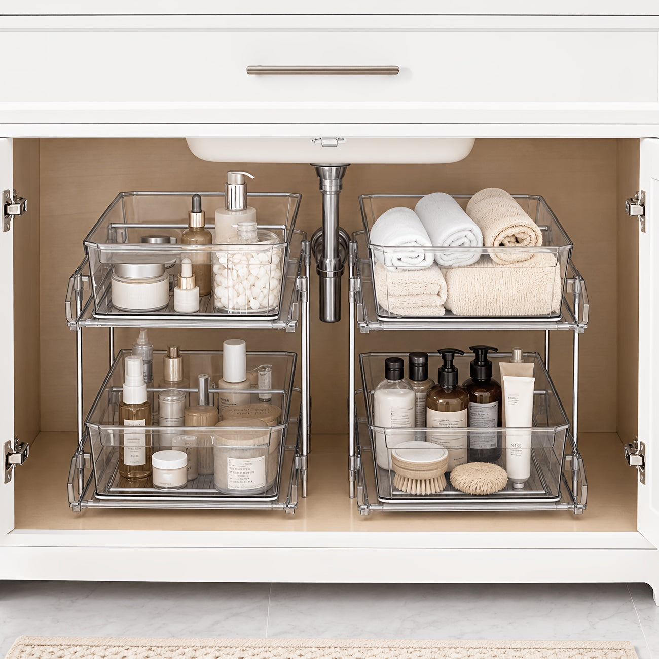 1/2pcs Large-Capacity Double-Layer Transparent Pull-Out Storage Multi-Purpose Slide-Out Storage Container Space-Saving Design Durable Plastic Shelves Bathroom Vanity Storage Sink Cabinet Storage Kitchen Organization