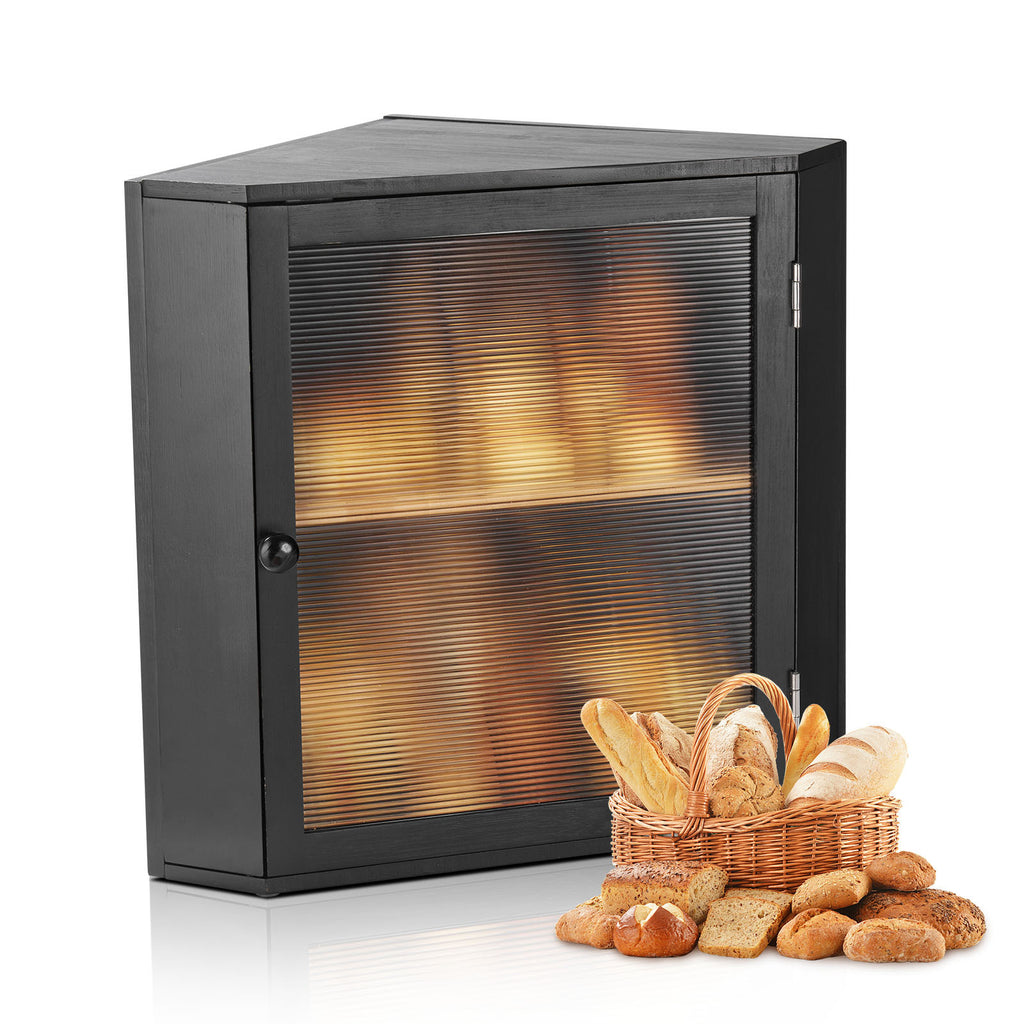 VEVOR Corner Bread Box for Kitchen Counter Double Layer Bamboo Storage Container Black / Natural