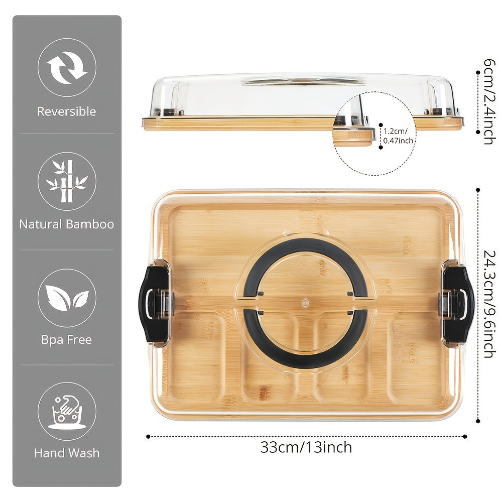 Heavy-Duty Home Storage Organizer – space-saving everyday organization, A Bamboo Tray with a Transparent Lid - Bamboo Charcuterie Cheese Board - Divided, designed for American homes, daily convenience and practical gifting