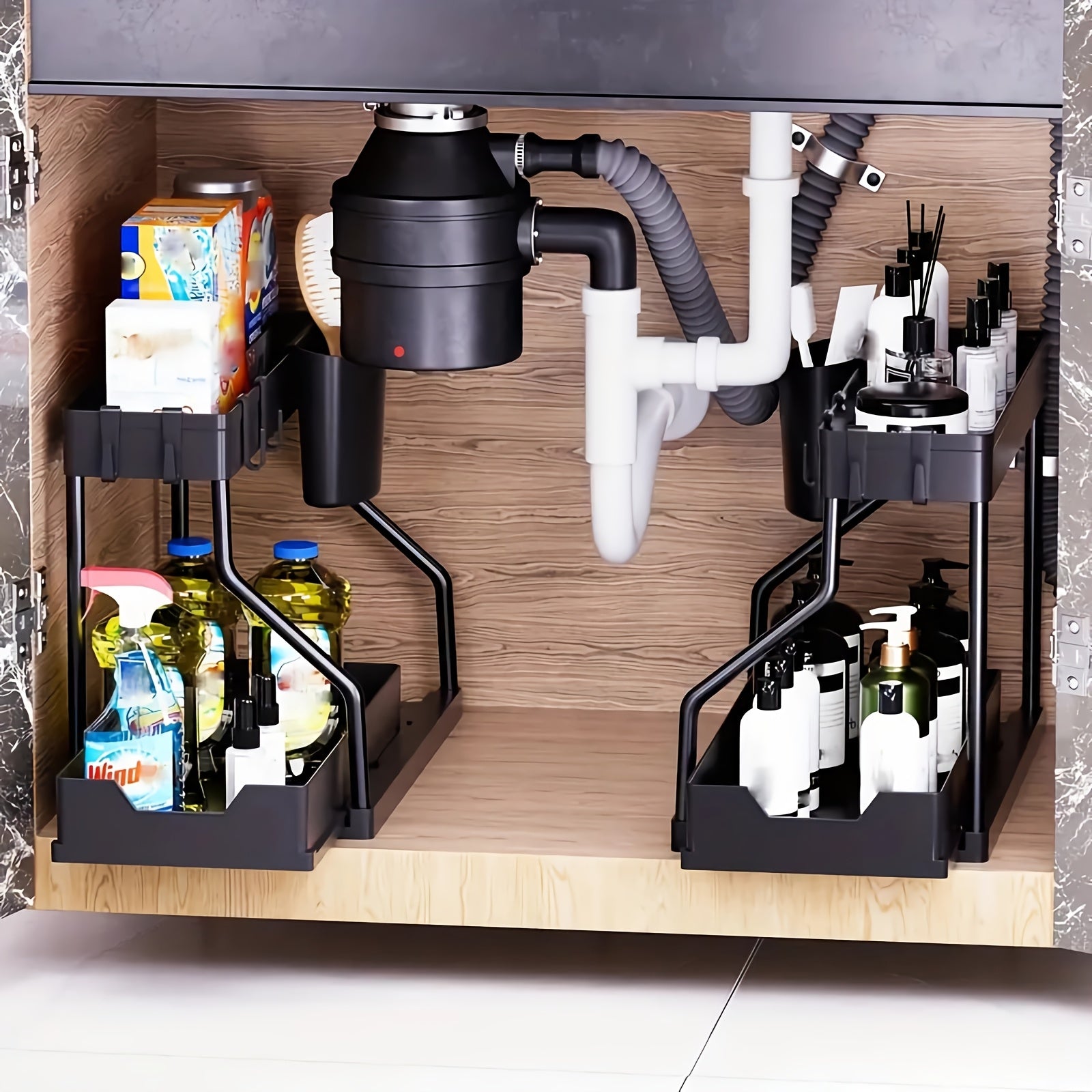 Kitchen Storage Organizer – 2pcs Under Sink Organizer with Sliding Shelves Multi-Purpose Black Plastic Storage Basket for Bathroom And Kitchen Cabinet Durable Construction Bathroom Organizer