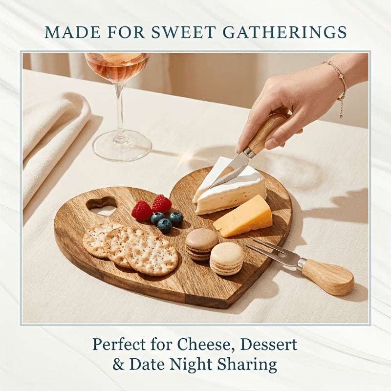 Heart-Shaped Acacia Wood Charcuterie Board with Optional Knife & Fork Set Suitable for Cheese, Fruit, Dessert Serving Tray - Polished Wood Board for Parties, Picnic, Holiday Gift for Christmas, Easter, Valentine' Day