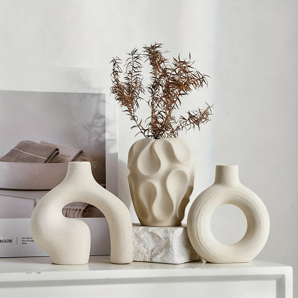Kitchen Essential – Ceramic Vase Set 3 - Piece - Bohemian Farmhouse Style Decorative Vases Pampas Grass, Beige Vases Home Decor, Living Room, Kitchen, Bedroom, Entryway Mantel for Modern US