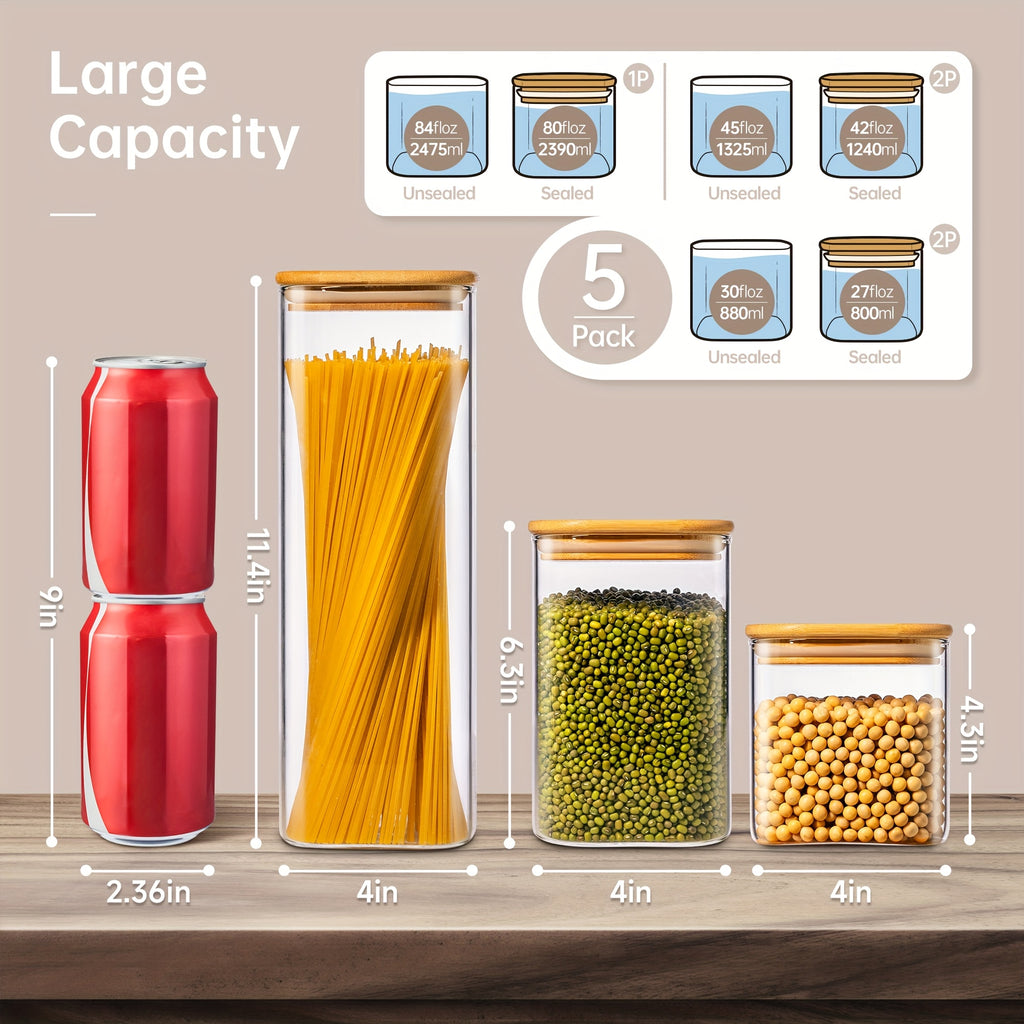 Modern 80oz Airtight Storage Jar Set – clear reusable pantry storage, Square Glass Jars With Bamboo Lids - 80oz X1 42oz X2 27oz X2 Airtight, designed for American homes, daily convenience and practical gifting