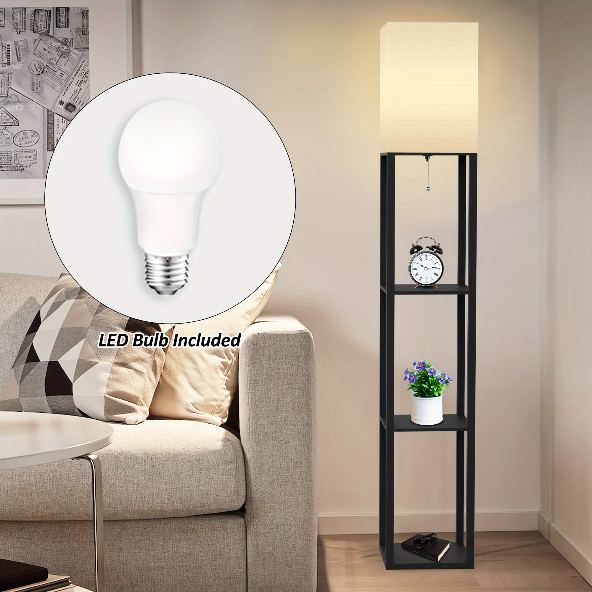 62.9" Column Floor Lamp with Shelves, Real Solid Wood And Bulb Included, Suitable for Halloween, Christmas And Other Holidays
