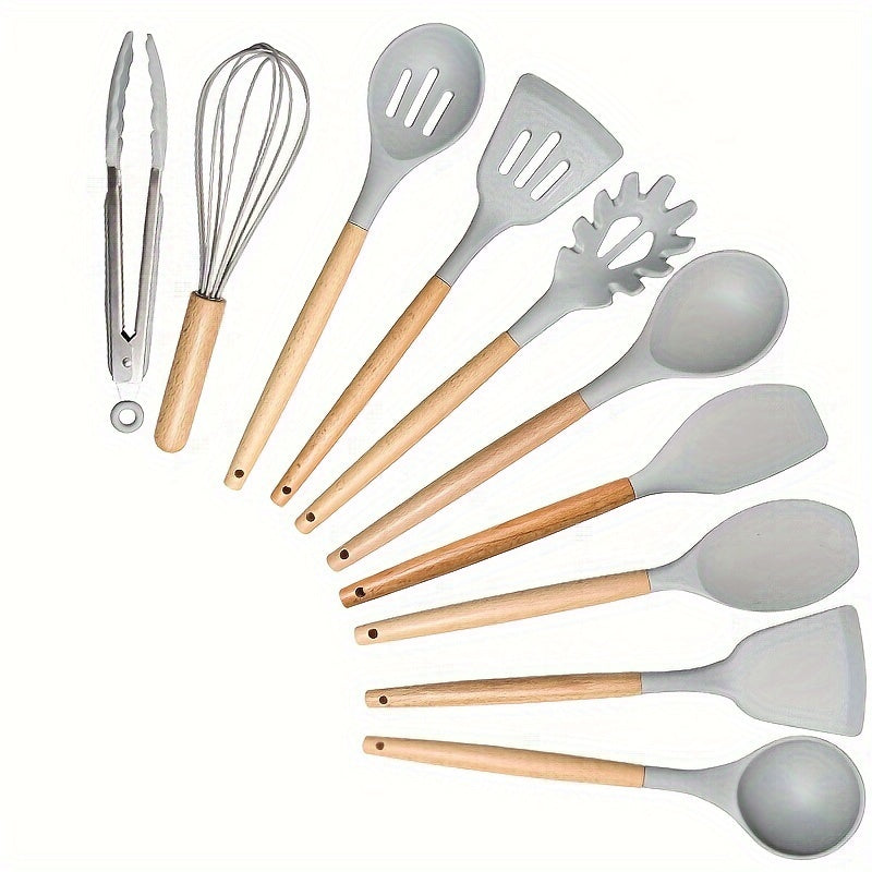 Kitchen Essential – 10pcs Silicone Kitchenware Set, High-temperature Non-stick Cooking Tool Kit, Including Wooden Handle Spatula, Flipper, Soup Spoon, Clamp, and Egg Beater for Modern US Hom