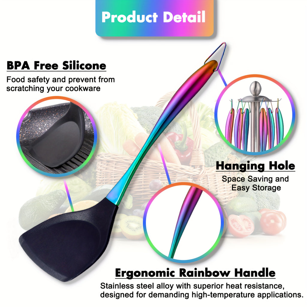9pcs Silicone Cooking Utensils, Rainbow Kitchen Utensils Set, Titanium Cooking Utensils Set with Stainless Steel Handle, Silicone Spatula, Heat Resistant Silicone Utensils for Cooking, Non-Stick Spatula Set, Ladle with Stainless Steel Handle