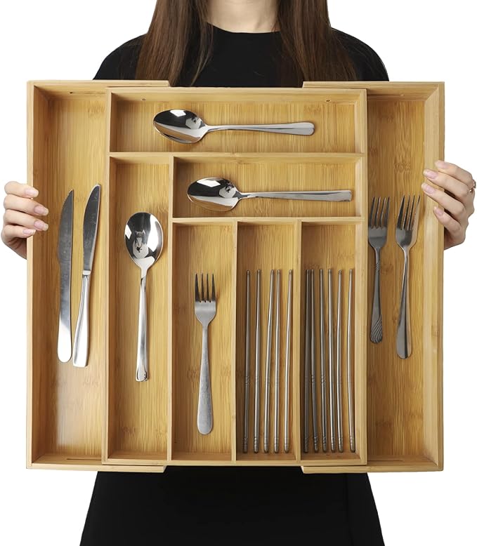 Premium Stackable Storage Drawer – smooth-access cabinet organization, Bamboo Drawer Organizer Expandable - Adjustable Silverware Tray Cutlery And Utensil Holder for Kitchen, designed for American homes, daily convenience and practical gifting