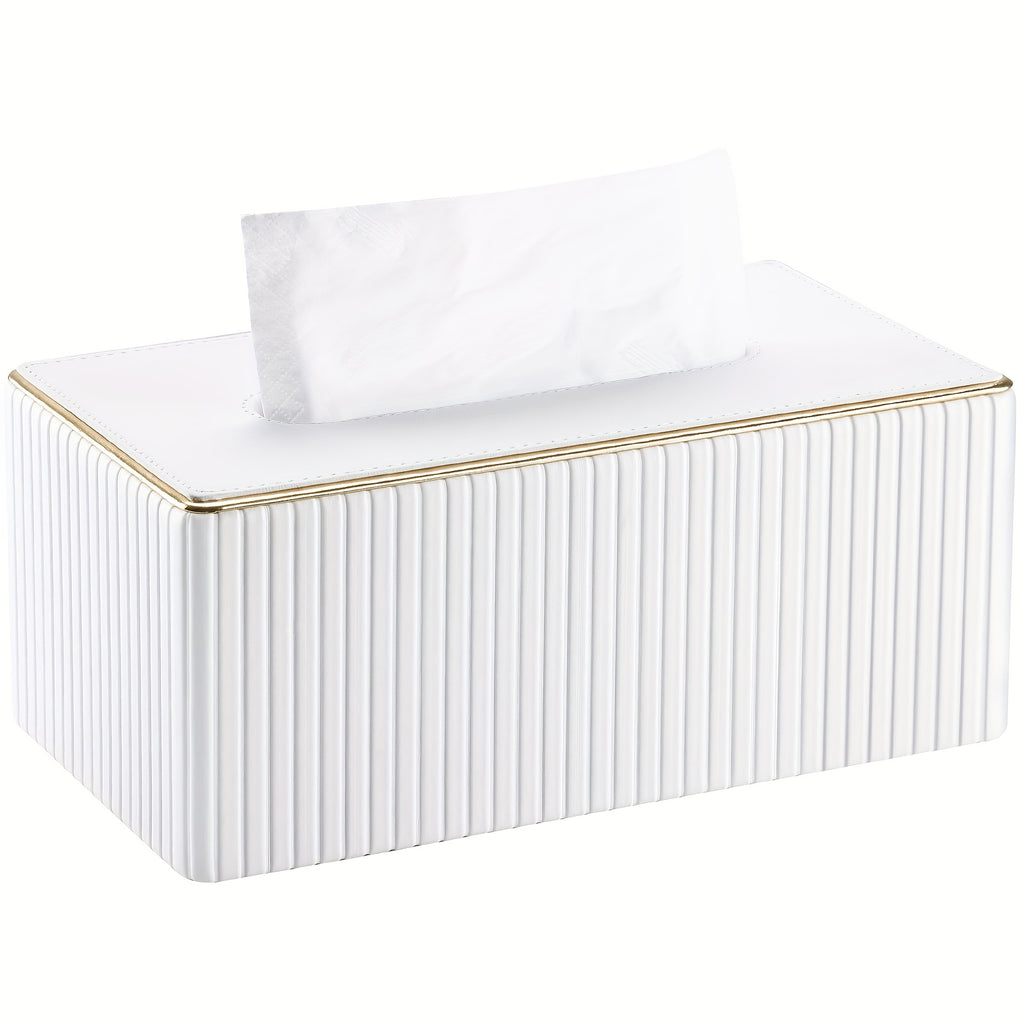 Smart Stackable Home Storage Bins – portable space-saving storage, Cream White Vertical Striped Faux Leather Tissue Box With Golden Trim Desktop Napkin Dispenser, designed for American homes, daily convenience and practical gifting