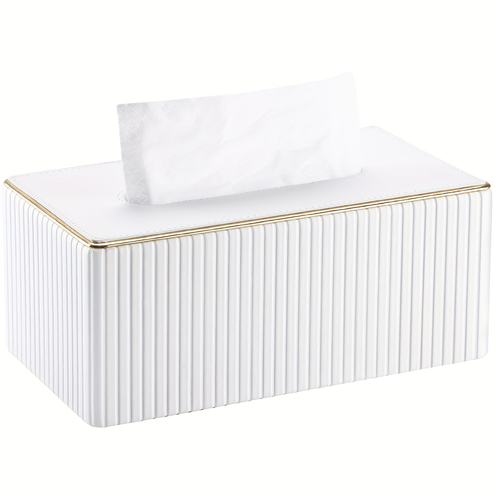 Smart Stackable Home Storage Bins – portable space-saving storage, Cream White Vertical Striped Faux Leather Tissue Box With Golden Trim Desktop Napkin Dispenser, designed for American homes, daily convenience and practical gifting
