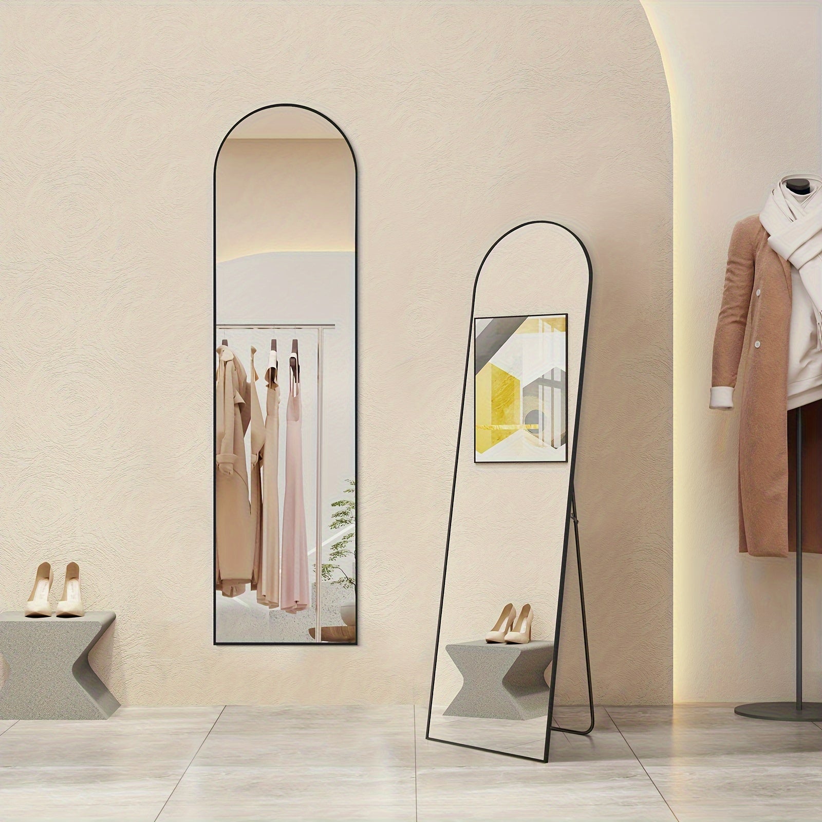 Arched/Rect Full Length Mirror, Full Body Mirror with Stand, Freestanding, Hanging or Leaning for Wall, Steel Alloy Thin Frame Floor Standing for Hotels and Bathrooms