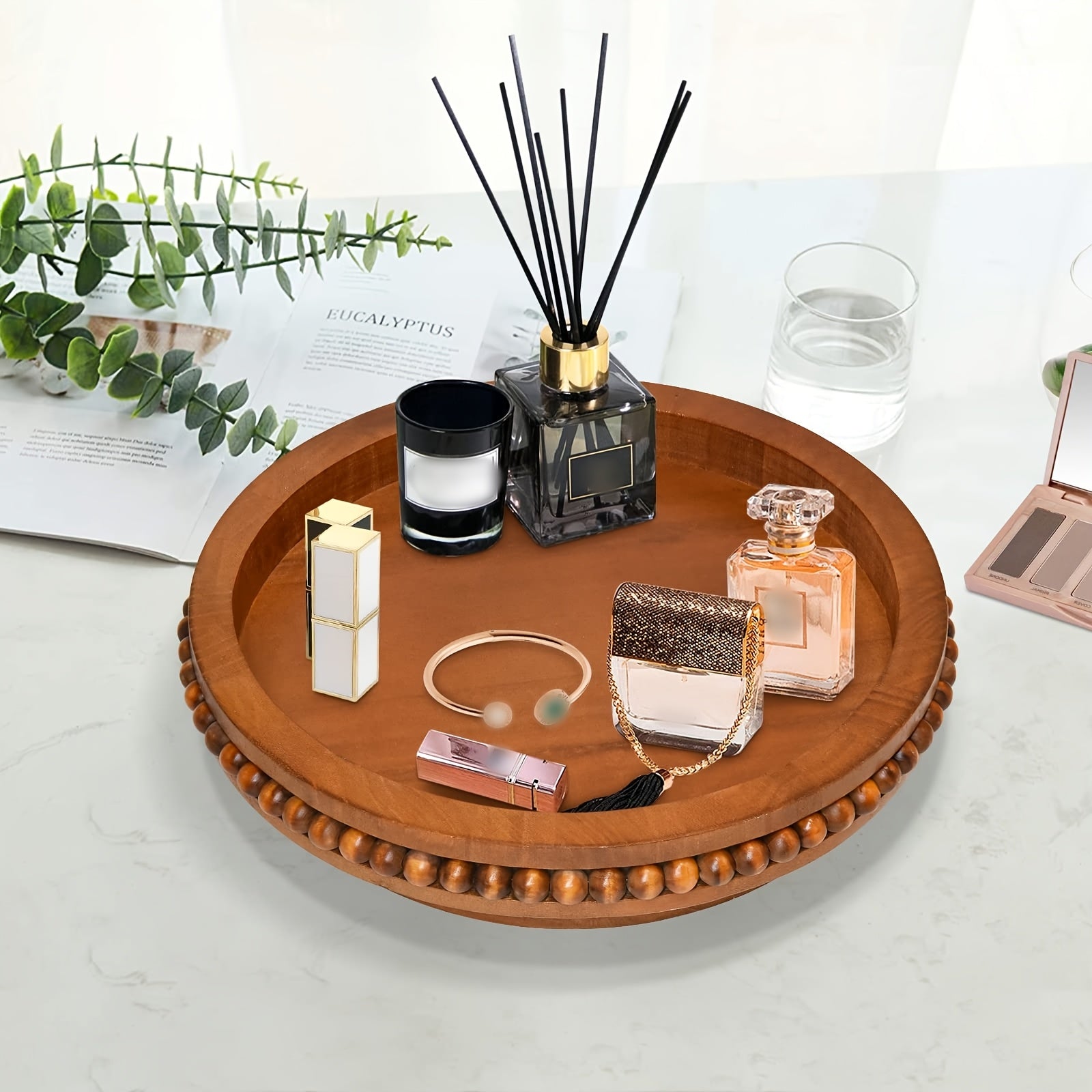 Kitchen Essential – Lazy Susan Turntable Organizer With Beads, 360 Degrees Rotating Display Stand For Spice Racks, Farmhouse Countertop Organizer For Bathroom, Kitchen, Bedroom, Livingroom,