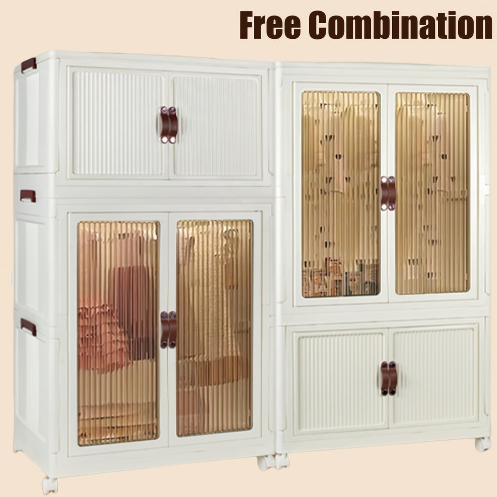 Portable Closet Wardrobe, Folding Storage Bins with Lid, Closet Organizers And Storage, Stackable Storage Box with Hanging Rod And Doors, Collapsible Plastic Clothes Cabinet with Wheels, 10 Hangers