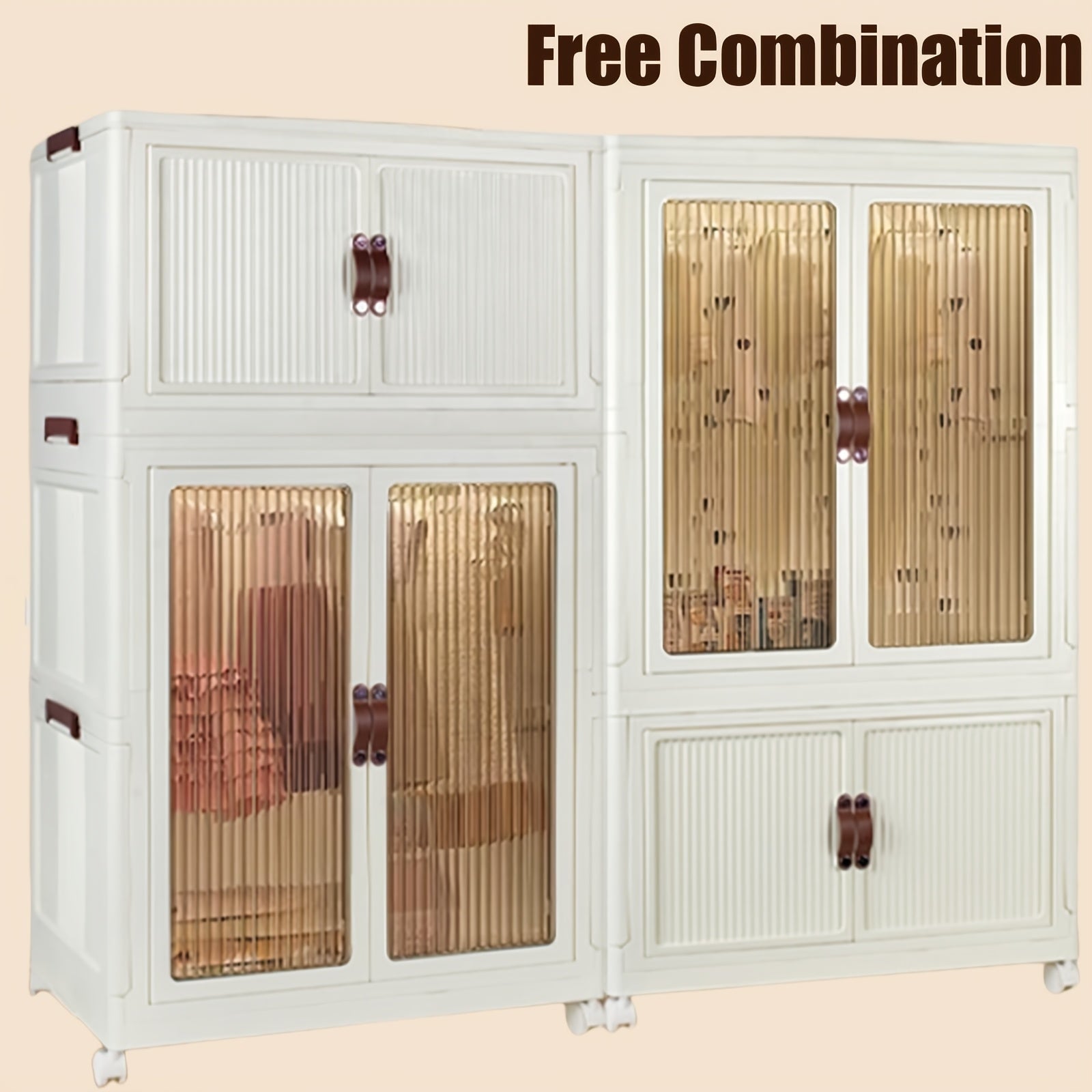 Portable Closet Wardrobe, Folding Storage Bins with Lid, Closet Organizers And Storage, Stackable Storage Box with Hanging Rod And Doors, Collapsible Plastic Clothes Cabinet with Wheels, 10 Hangers