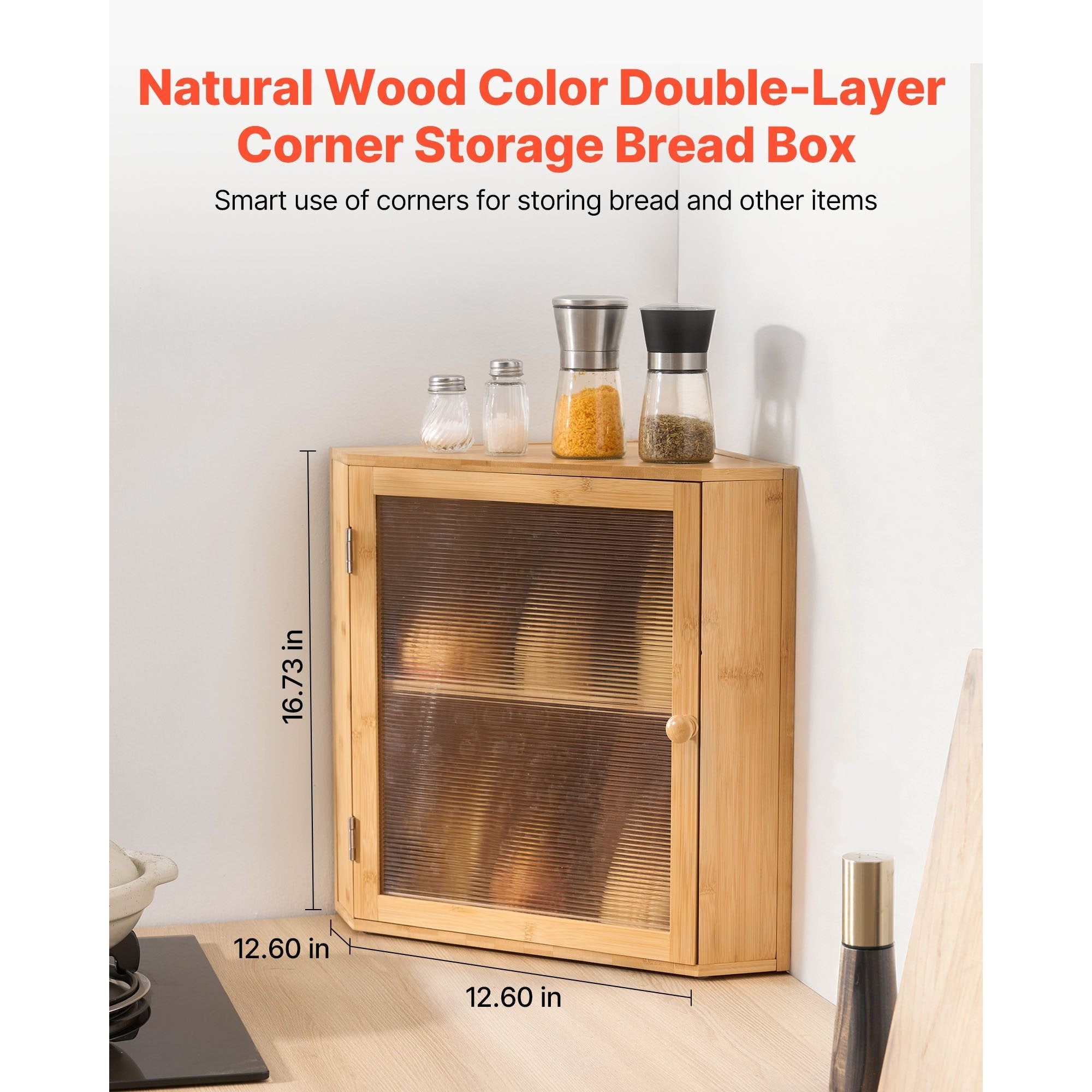 VEVOR Corner Bread Box for Kitchen Counter Double Layer Bamboo Storage Container Black / Natural